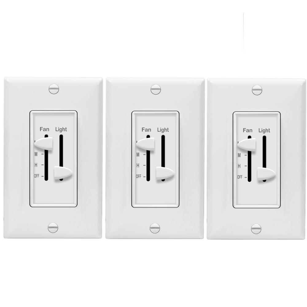 2.5 Amp 3-Speed Ceiling Fan Control and LED Dimmer Light Switch in White with Wall Plates (3-Pack)