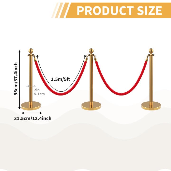 8Pcs Stanchions and Velvet Ropes, Gold Stanchions with Retractable Belts, Crowd Control Barriers with Hollow Base, Red Carpet Ropes and Posts for Event & Party Supplies