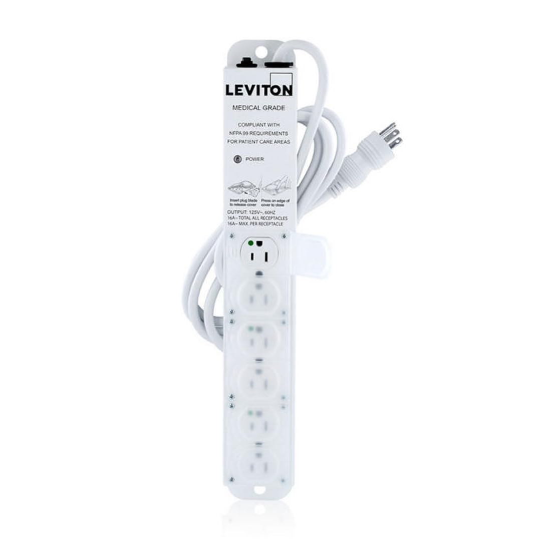 Leviton Medical Grade Power Strip, 15-Amp, 125-volt, 6-Outlets, 7-Feet Cord Length, 5306M-1N7