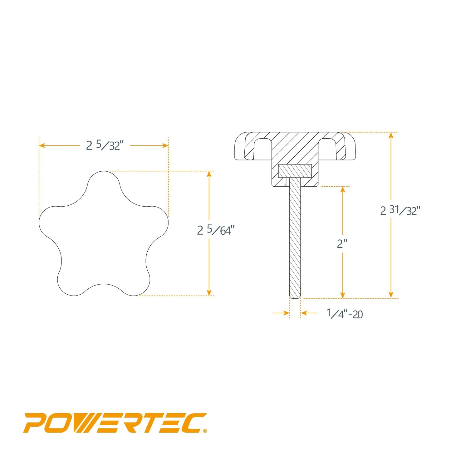 POWERTEC 10 Pack 1/4"-20 5 Star Knobs with 2" Threaded Stud, Thumb Screw Knobs with bolts for Lawn Mower, Umbrella Base, Woodworking Tools & Jigs, Clamps (QNB3010-P2)
