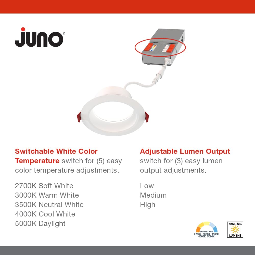 Juno LED Recessed Lights 6 Inch Round Wafer Downlight, 5-in-1 Switchable White Color Temperature, Adjustable Brightness, Deep Regressed Smooth Trim, 6-Inch, Matte White, 6-Pack