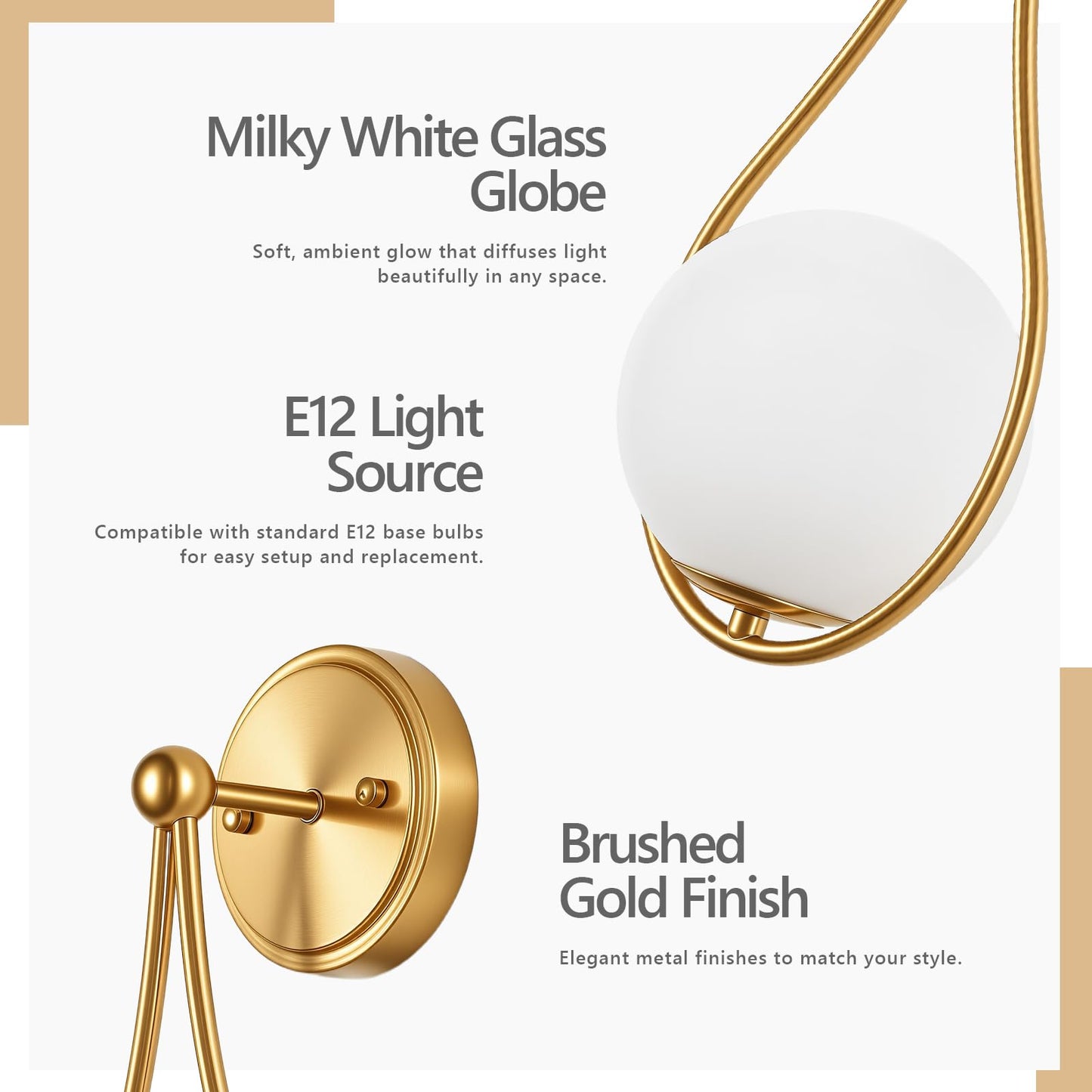 ElilyGiA Mid-Century Wall Sconces Set of 2 Gold Modern Globe Wall Lighting Indoor Hardwired Wall Lights for Hallway Office Porch Bedroom Living Room Stairway