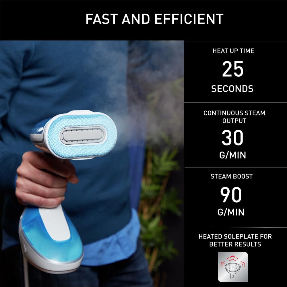 Rowenta, Steamer for Clothes, Pure Tex 4-in-1 Steamer, 1700W, XL 6.8 Ounce Water Tank, 25 Second Heat Up, Powerful Steam, Reversible Pad System, Light Blue, DR9530