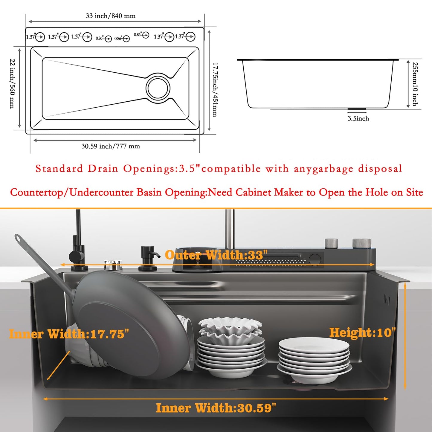 33x22x10 In Black Smart Kitchen Sink Digital Display Ambient Light Multifunction Waterfall Kitchen Sinks 8 Gauge Metal Black Stainless Steel Single Bowl Workstation Sink With Soap Dispenser
