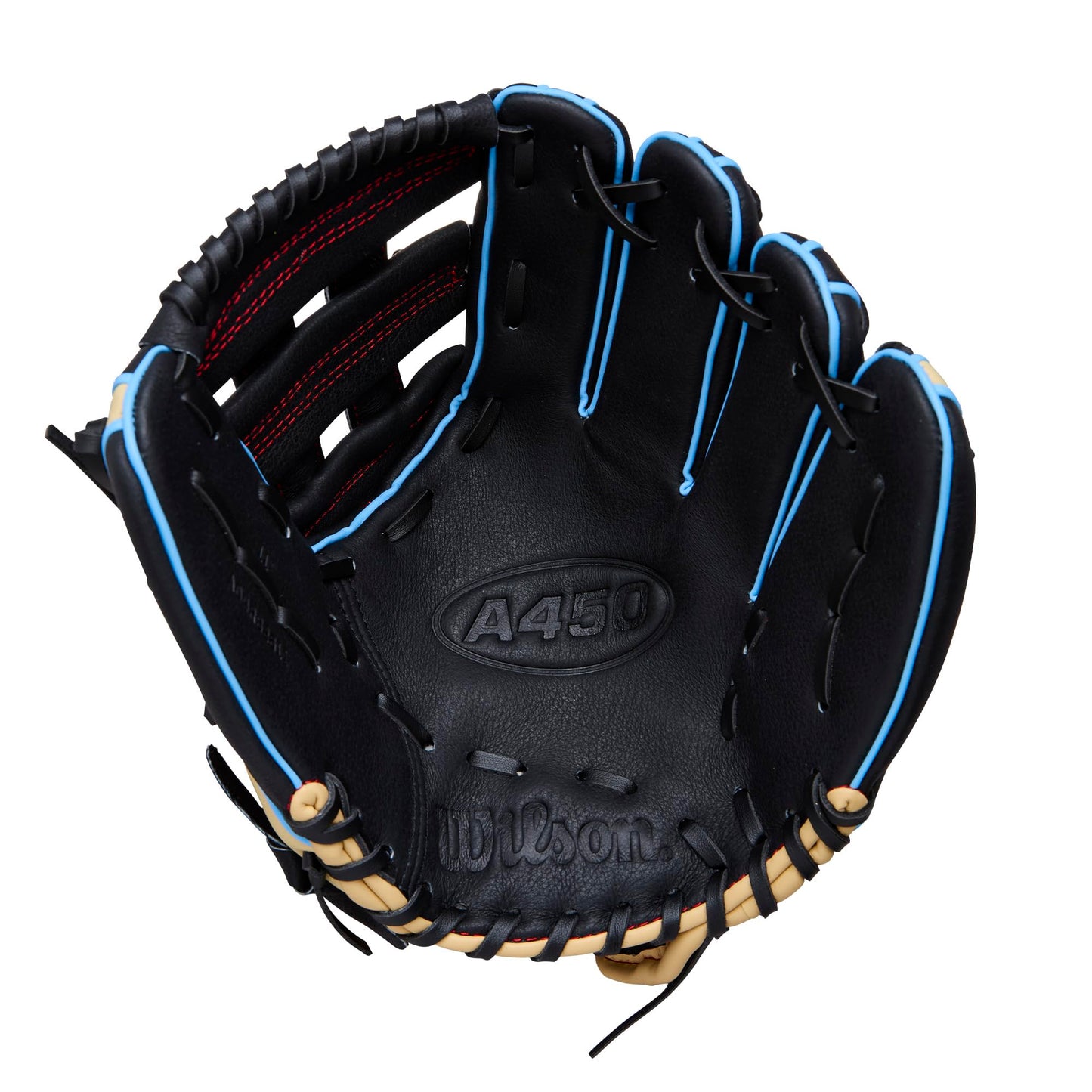 Wilson 2026 A450 11" Infield Baseball Glove - Left Hand Throw, Black/Cool Blue/Red