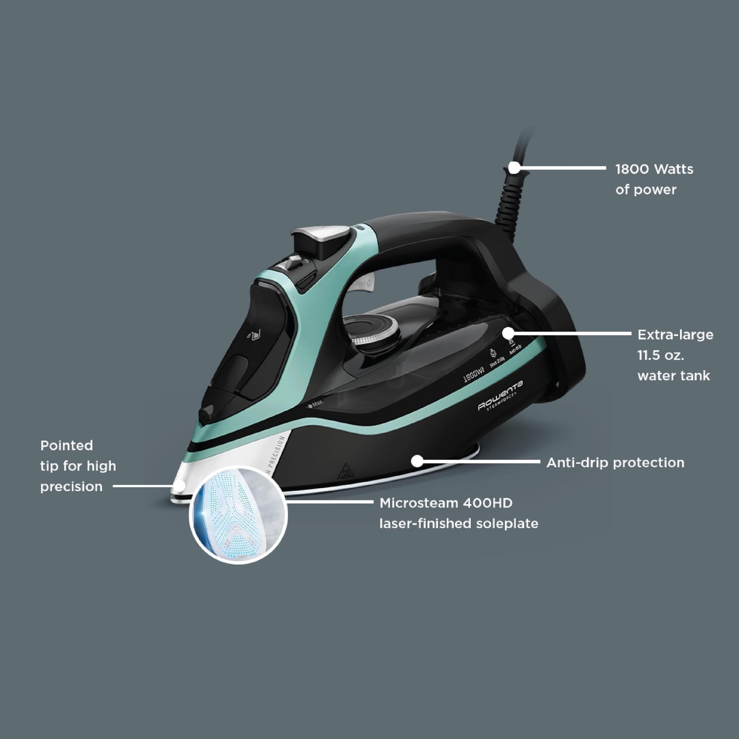 Rowenta Steam Force Stainless Steel Soleplate Steam Iron for Clothes, Anti-Drip Protection, 400 Microsteam Holes, 1800 Watts, Iron, Fabric Steamer, Garment Steamer for Clothes, Precision Tip, DW9440