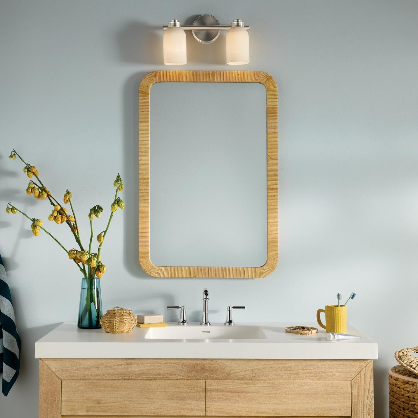 Kichler Shae 15" 2-Light Bathroom Vanity Light Fixture with White Opal Glass in Brushed Nickel for Modern Bathroom Vanity Lighting Over Mirror (15" W x 9" H), 55201NI