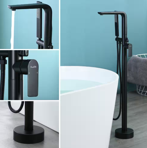Floor Mount Free Standing Bathroom Tub Faucet with Handheld Shower, Matte Black