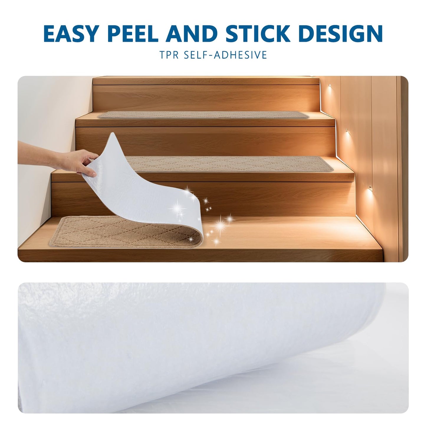 KOOTETA Stair Treads for Wooden Steps Indoor, 8" X 30" Non Slip Carpet Stair Treads with Reusable Adhesive for Kids Elders and Dogs, Surface Polyester TPR Backing Stair Rugs, 4 Pack Beige
