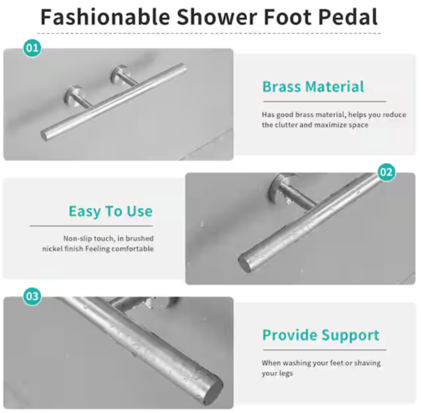 BWE 12 in. Wall Mounted Corner Shower Foot Rest Bar for Shaving Legs Bathroom/Spa in Brushed Nickel B-91070-N
