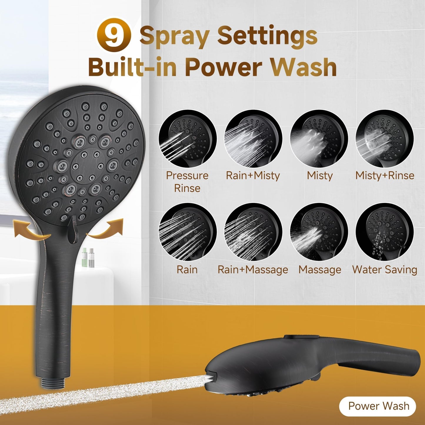 BRIGHT SHOWERS Rain Shower Heads System - 9 Inch Rainfall Shower Head and Handheld Shower Head with Height Adjustable Holder, Solid Brass Rail and 60" Long Stainless Steel Hose, Oil-Rubbed Bronze