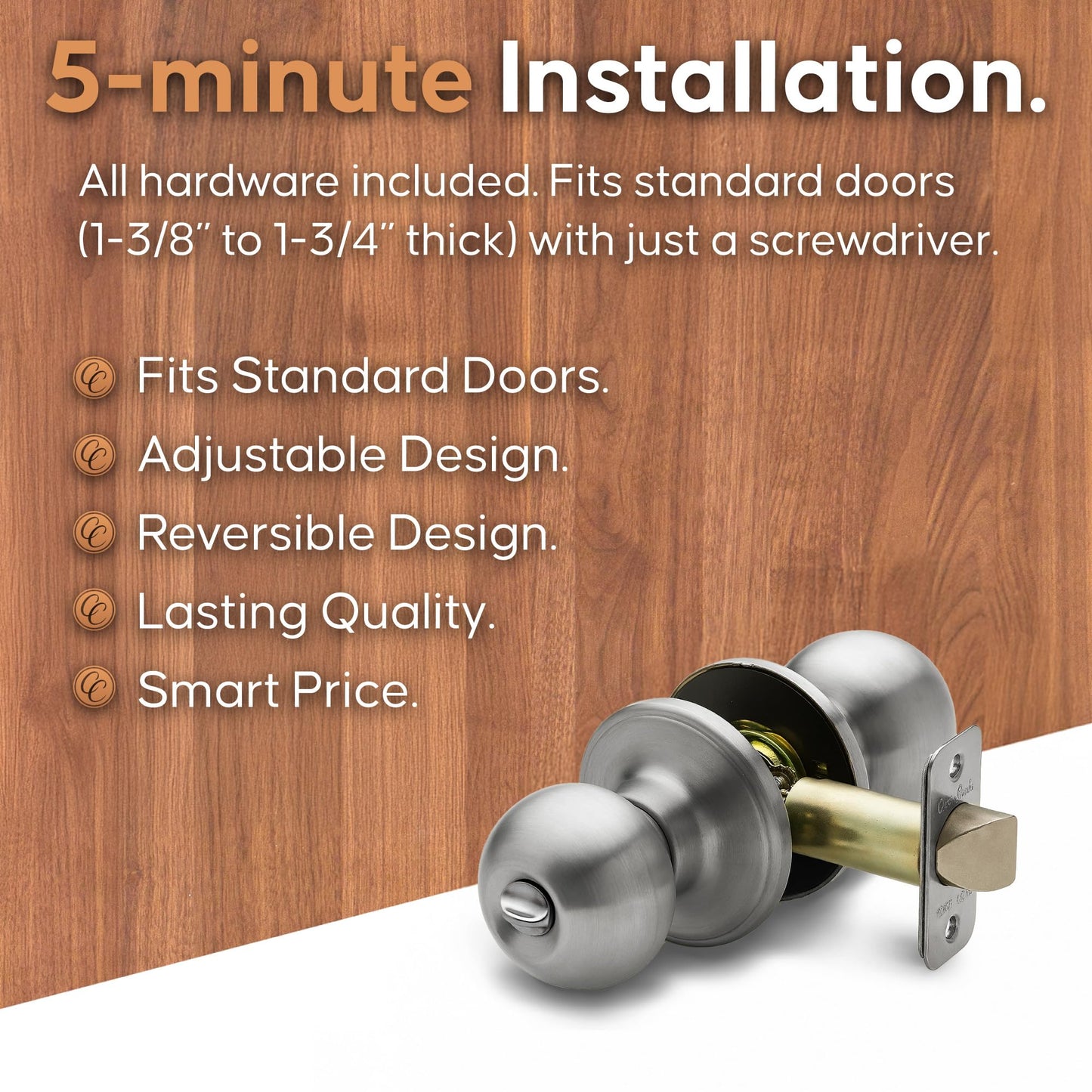 Copper Creek Privacy Interior Door Knob – ANSI Grade-3 Certified, Modern Heavy Duty Handle, Easy Install and Reversible for Bedroom, Bathroom & Closets – Satin Stainless (1 Pack)