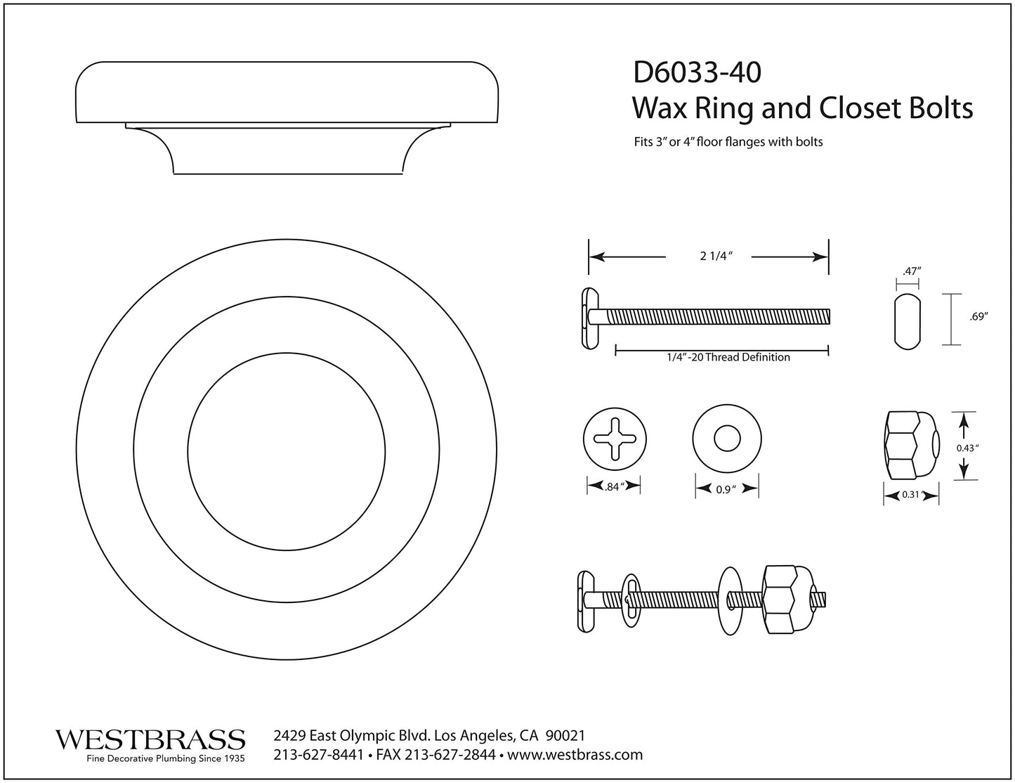 Westbrass D6033-40 Thick Wax Toilet Bowl Ring Gasket with Flange and Closet Bolts, fits 3" and 4" Waste Lines (1-Pack)