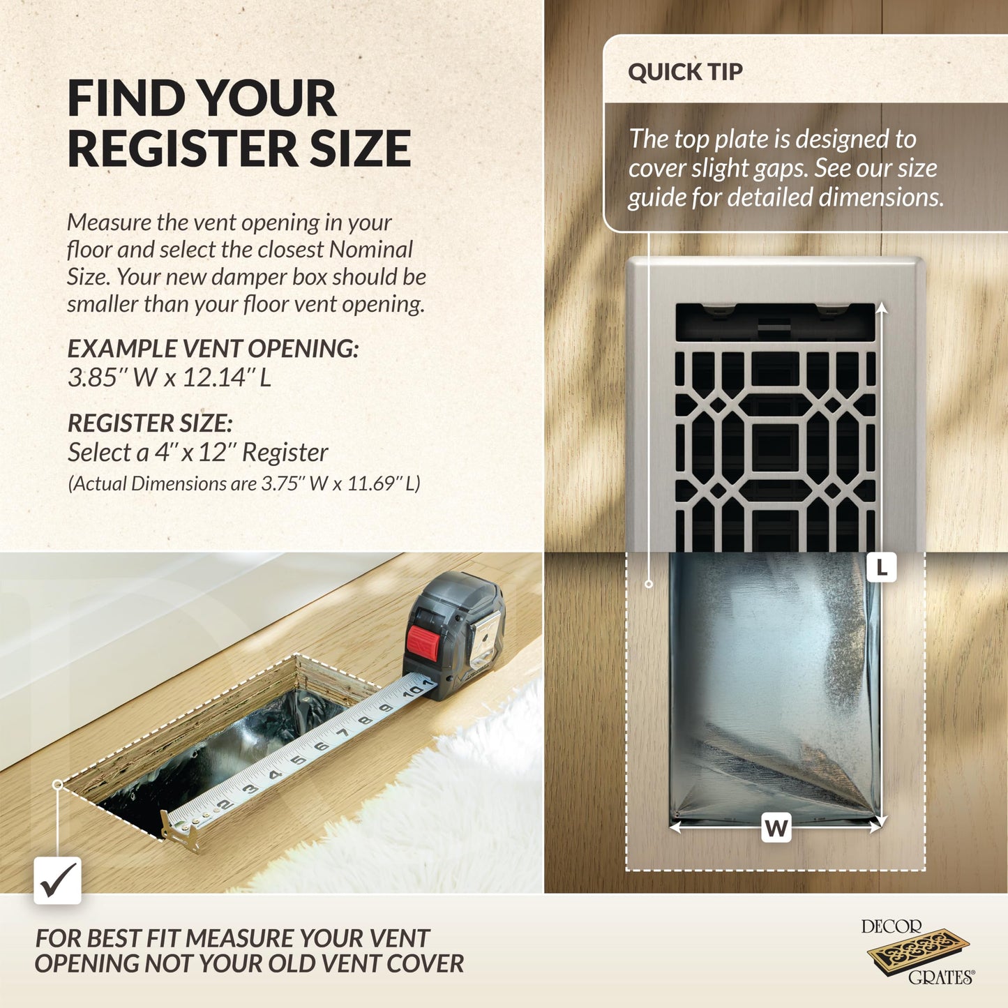 Decor Grates 4x12 New Gothic Floor Register Vent Cover, Fits 4"x12" Floor Vent Opening, Adjustable Airflow Control, Brushed Nickel (NGH412-NKL)
