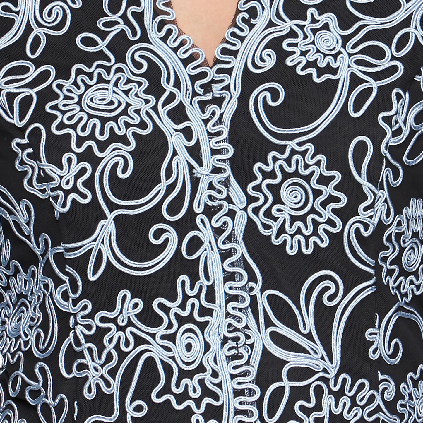 Alex Evenings Women's Stretch Embroidered Formal Event Blouse with Center Front Scallop Detail and Illusion Sleeves, Black/Hydrangea, Large