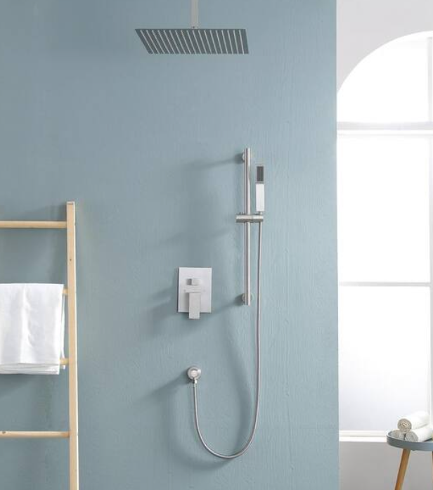 Ceiling Mount Rain Shower System, Handheld Shower Head in Brushed Nickel