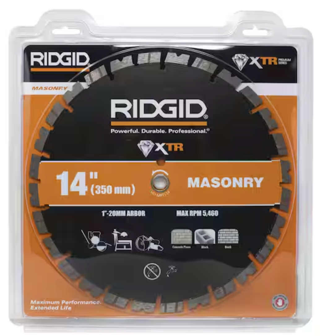 RIDGID 14 in. Masonry Diamond Blade HD-MPTS14 1 in. arbor, includes a 20 mm adapter