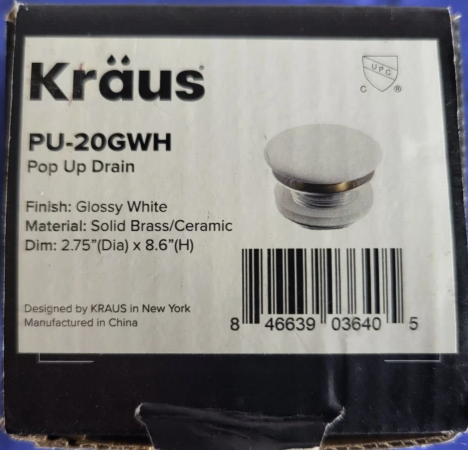KRAUS PU-20GWH Gloss White Pop-Up Drain with Porcelain Ceramic Top for Bathroom Sink without Overflow