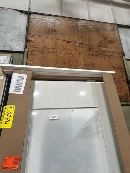 30 in. x 80 in.Right-Handed Solid Core White Primed Composite Single Prehung Interior Door Frosted Glass Shiny Nickel - top of frame cracked