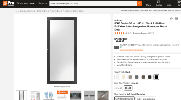 Andersen 3000 Series 36 in. Black Fullview Easy Install Storm Door