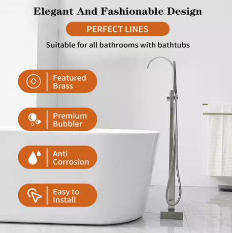 Waterfall Single Handle Floor Mount Freestanding Tub Faucet Bathtub Filler with Hand Shower in Brushed Nickel