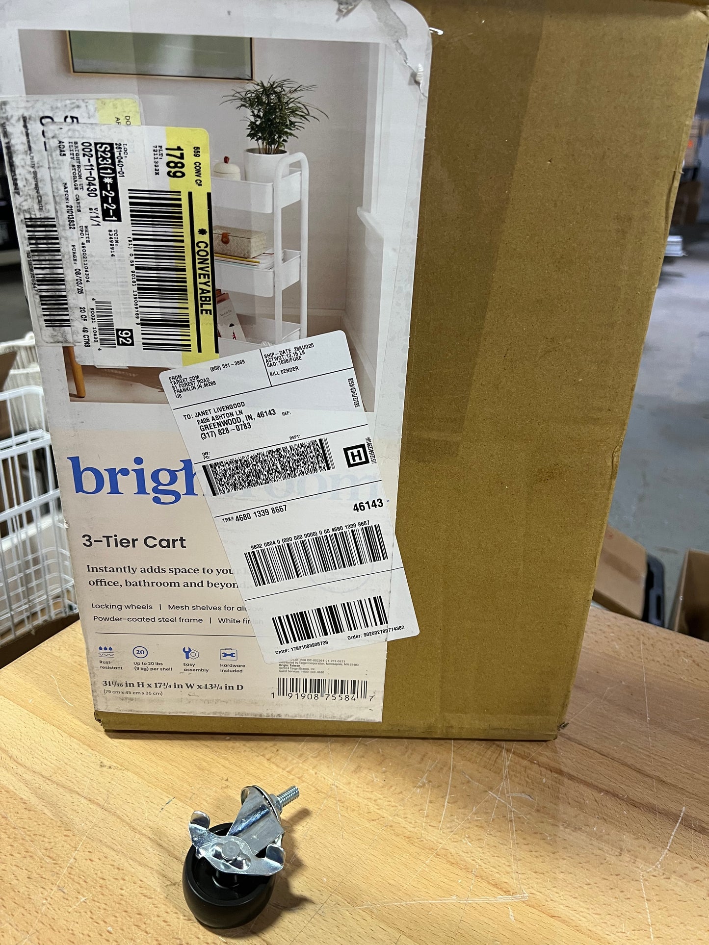 PARTS - REPLACEMENT CASTER ONLY for 3 Tier Metal Utility Cart White - Brightroom