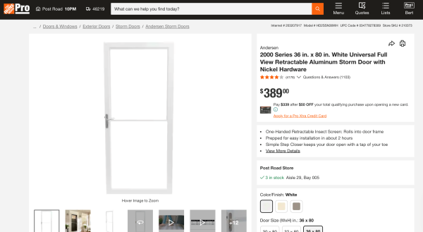 Andersen 2500 Series 36 in. White Self-Storing Storm Door