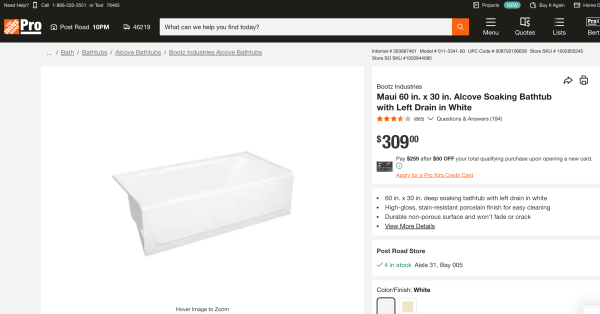 Bootz Industries Maui 60 in. x 30 in. Soaking Bathtub with Left Drain in White 011-3341-00