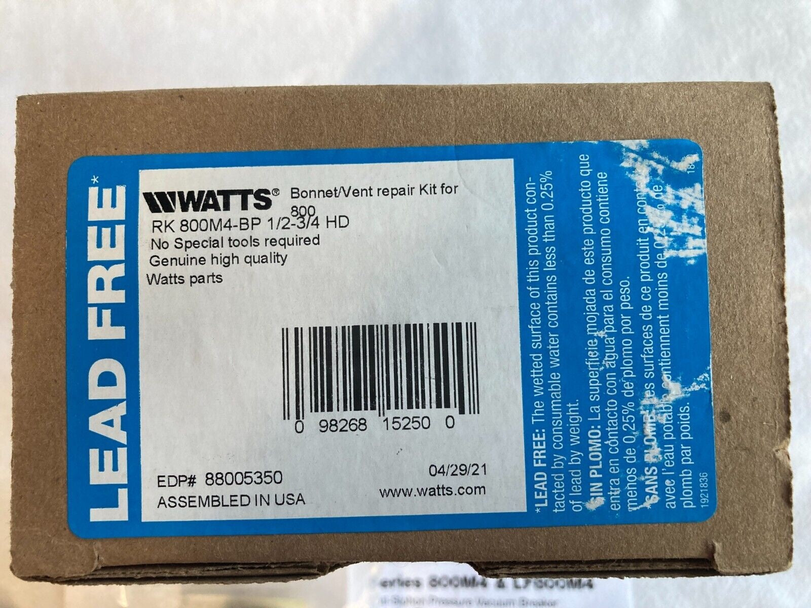 Watts Bonnet / Vent Poppet Repair Kit for 800M4 LF800M4, 1/2-3/4 BP RK800M4-BP