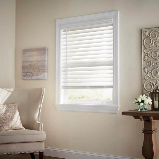 White Cordless Premium Faux Wood Blind/Shade with 2.5 in. Slats-34.25 in. W X 64 in. L (Actual 33.75 in. W X 64 in. L)