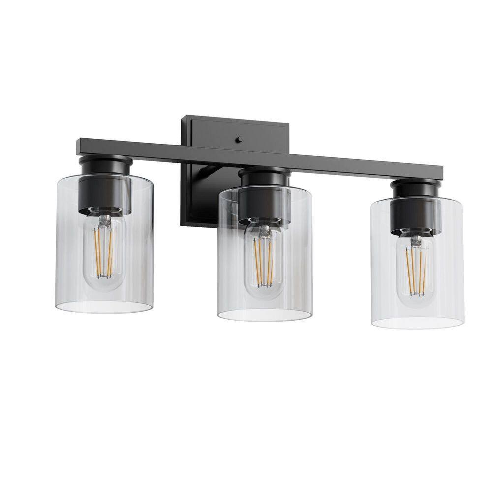 18 in. 3-Light Black Vanity Light with Clear Glass Shades for Bathroom