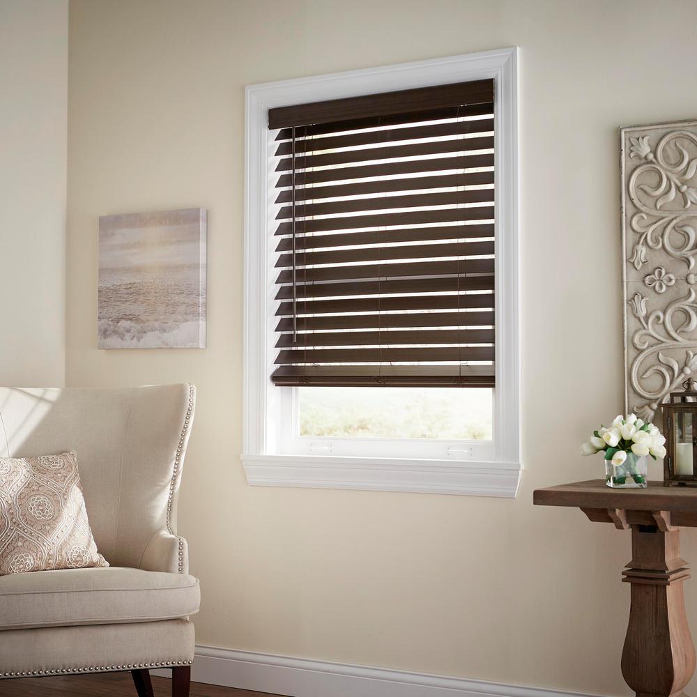 Espresso Cordless Premium Faux Wood Blinds with 2.5 in. Slats - 18 in. W X 64 in. L (Actual Size 17.5 in. W X 64 in. L)