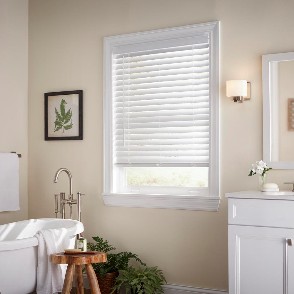 White Cordless Faux Wood Blinds for Windows W/ 2 in. Slats-58.625 in. W X 64 in. L (Actual 58.125 in. W X 64 in. L)