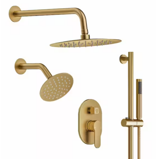 3-Spray Wall Mounted 10 and 6 in. Dual Shower Head and Handheld Shower Head in Brushed Gold (Valve Included)