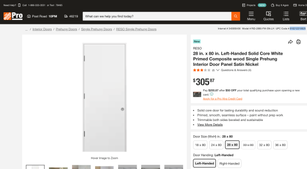 28" x 80" Left-Handed Solid Core White Primed Composite Single Prehung Interior Door Flush Panel