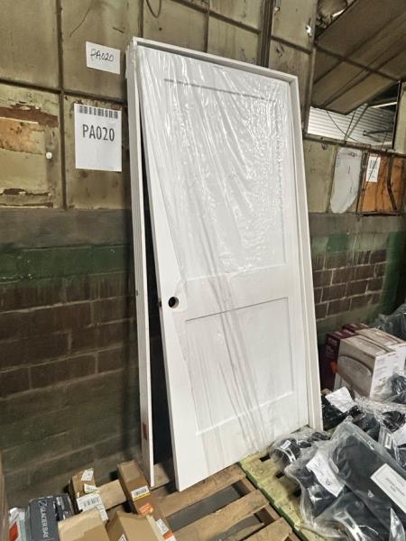 36 in. x 80 in. Right-Handed Solid Core Prehung Interior Door White Primed Double Panel with Black Hinges - frame needs work