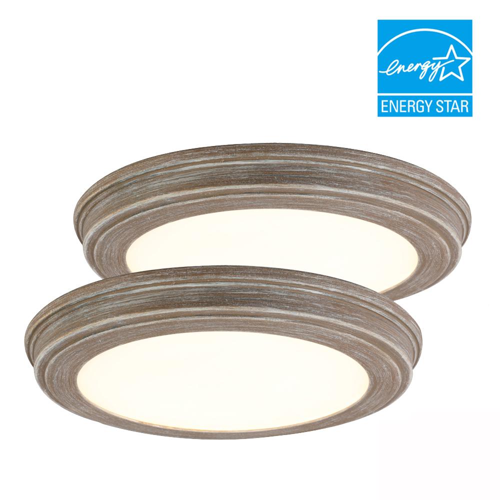 7 in. Weathered Gray Wood 3-CCT LED Round Flush Mount, Low Profile Ceiling Light (2-Pack)