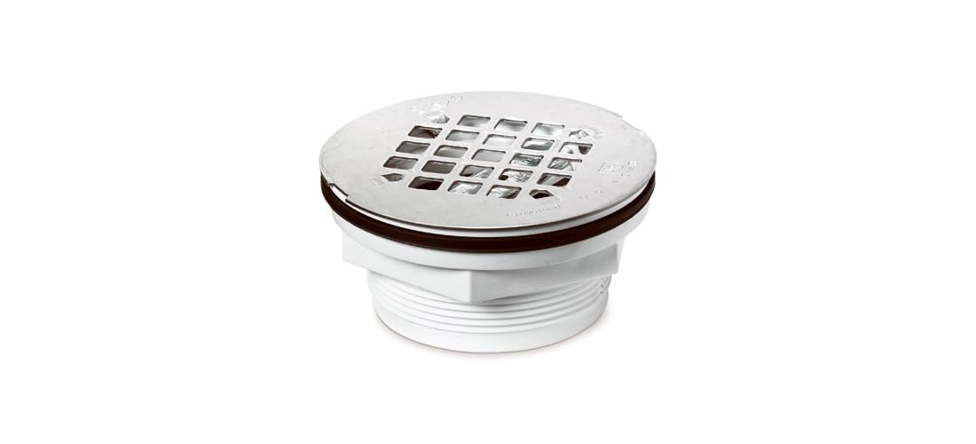Oatey Round No-Caulk White PVC Shower Drain with 4-1/4 in. Round Snap-In Stainless Steel Drain Cover