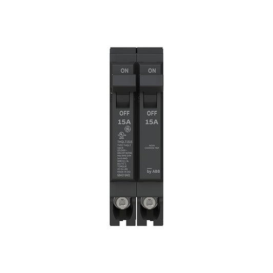 ABB Q-Line THQLT1515 Tandem Circuit Breaker • 15A/1P & 15A/1P Dual Circuit Breaker for Single Slot • 120/240V, 10 kAIC • HACR & SWD Rated • Space-Saving Design • Plug-in Mount