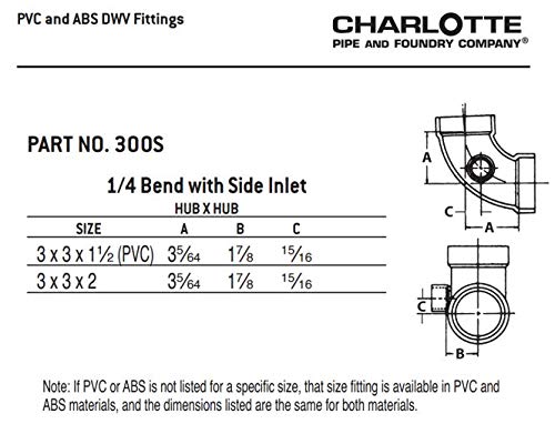 CHARLOTTE PIPE 3 x 3 x 1 1/2 DWV 1/4 Bend W/Side Inlet DWV (Drain, Waste & Vent)