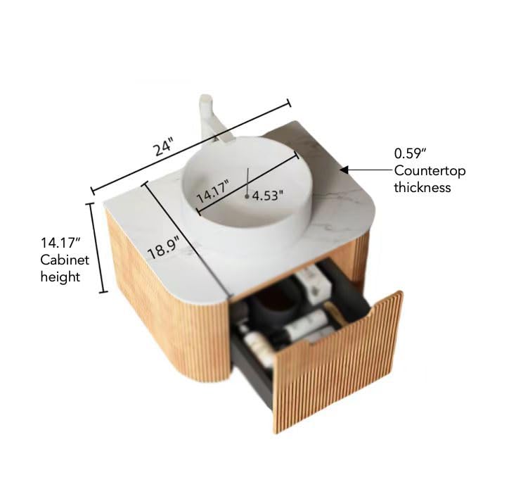 24" Vanity Bathroom Floating, Storage Cabinet with Sink, Round Ceramic Basin,Countertop,Wall-Mounted,24", Drawer, Without Faucet, Pre-Assembled