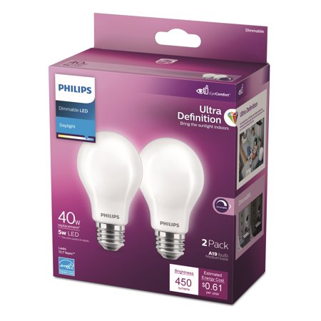 Philips Ultra Definition LED 40-Watt A19 Light Bulb  Frosted Daylight  Dimmable  E26 Medium Base (2-Pack)