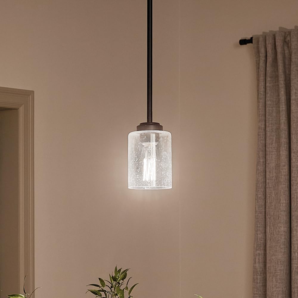 Kichler Winslow 1-Light Mini Pendant Light Fixture with Clear Seeded Glass in Black for Kitchen Island, Bar, Laundry Sink, Hanging Ceiling Light (7.5" x 4.25"), 44032BK