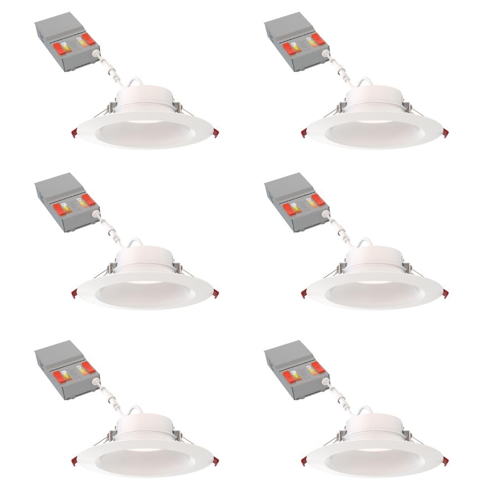 Juno LED Recessed Lights 6 Inch Round Wafer Downlight, 5-in-1 Switchable White Color Temperature, Adjustable Brightness, Deep Regressed Smooth Trim, 6-Inch, Matte White, 6-Pack