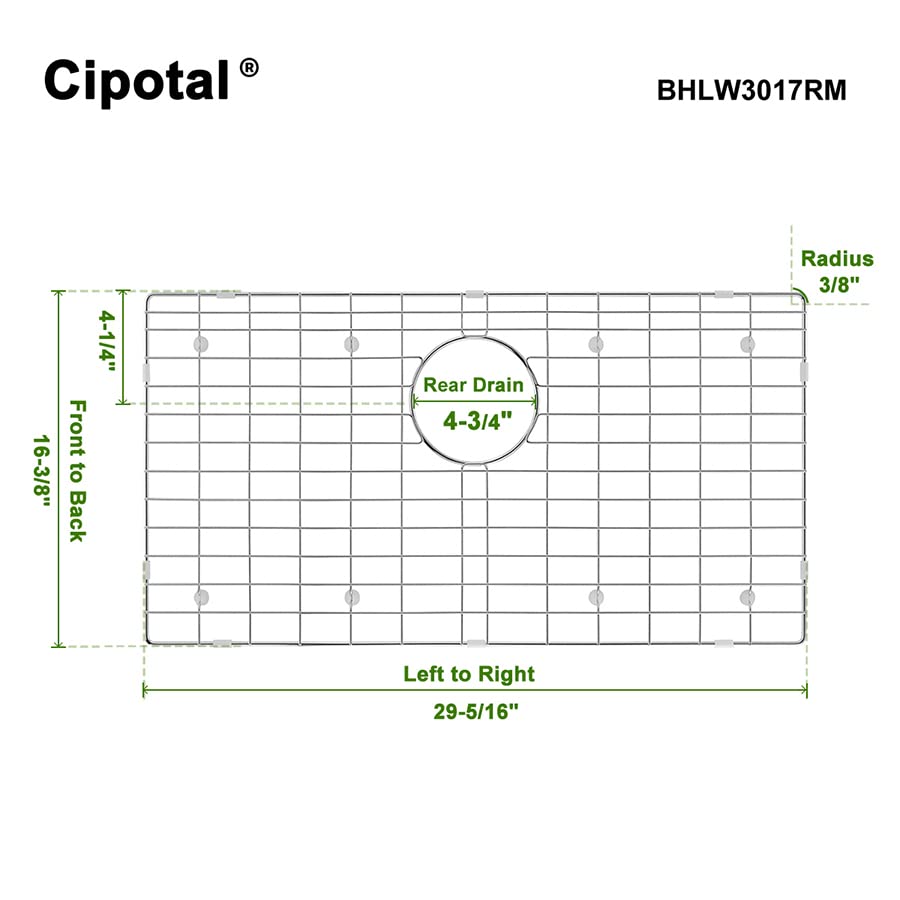 CIPOTAL 29.3 in. x 16.3 in. Rear Drain Kitchen Sink Bottom Grid with Supersoft Silicone Feet in 304 Grade Stainless Steel