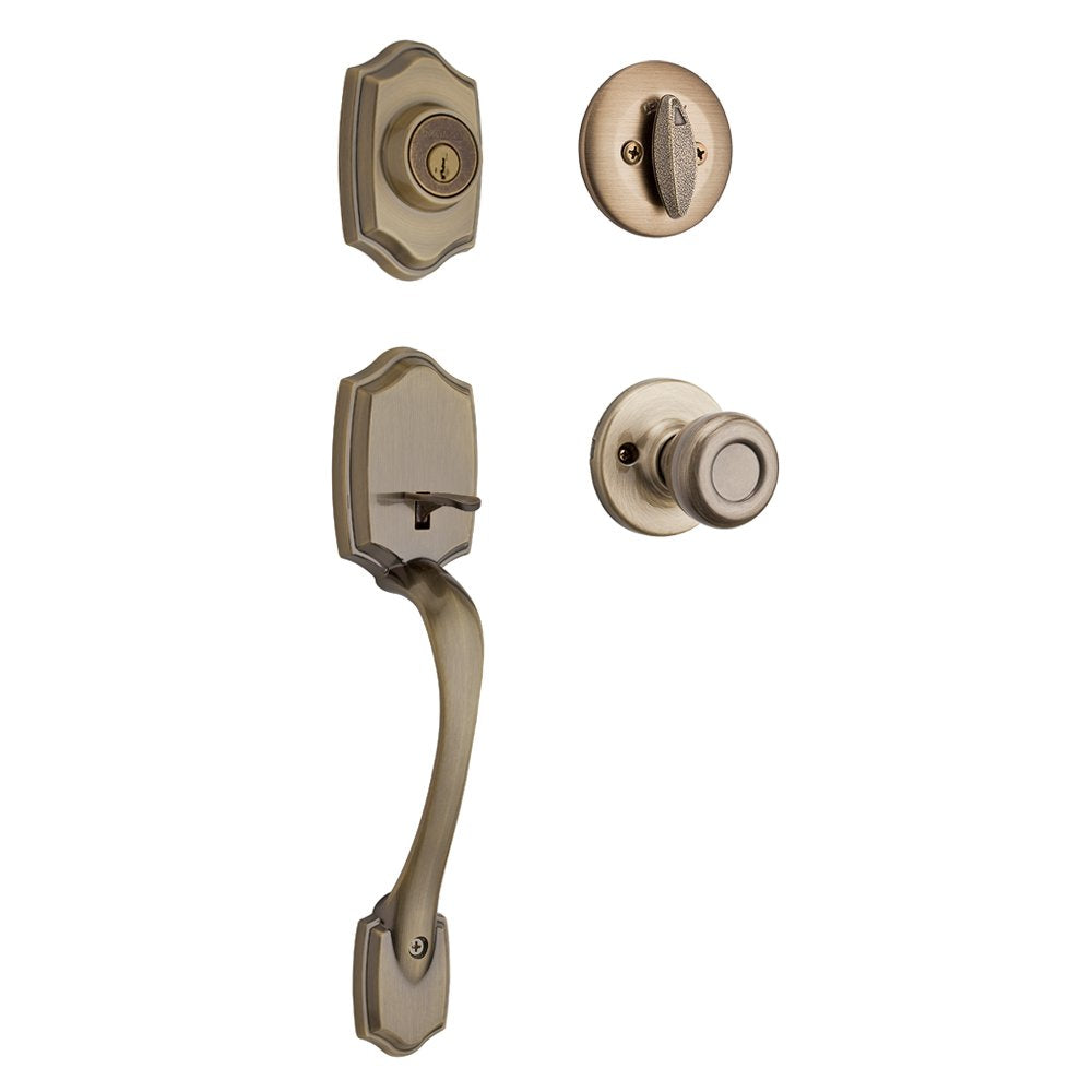 Kwikset Belleview Front Door Lock Handle and Deadbolt Set, Entry Handleset Exterior with Interior Door Knob, Antique Brass, Pick Resistant SmartKey Rekey Deadbolt Security