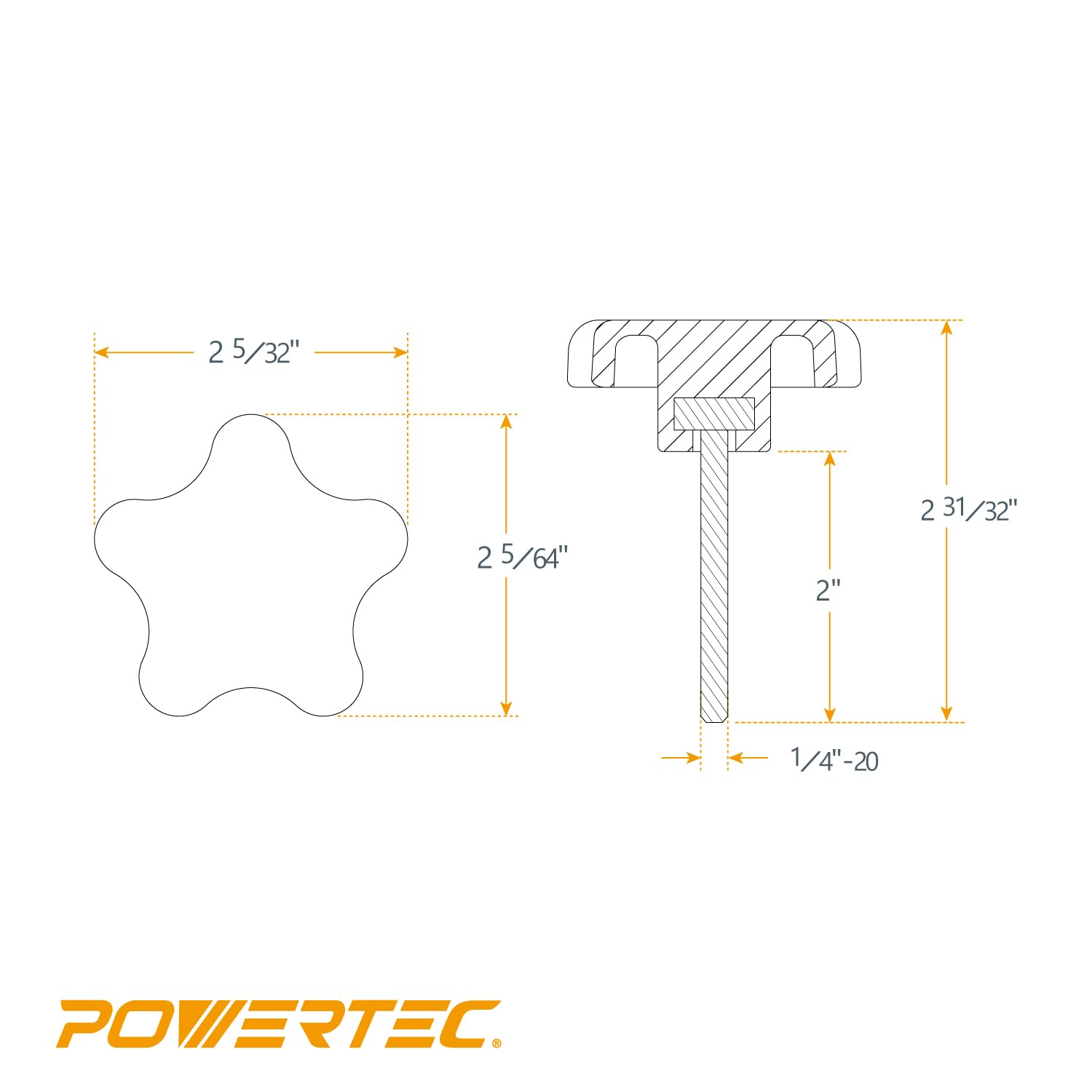 POWERTEC 10 Pack 1/4"-20 5 Star Knobs with 2" Threaded Stud, Thumb Screw Knobs with bolts for Lawn Mower, Umbrella Base, Woodworking Tools & Jigs, Clamps (QNB3010-P2)