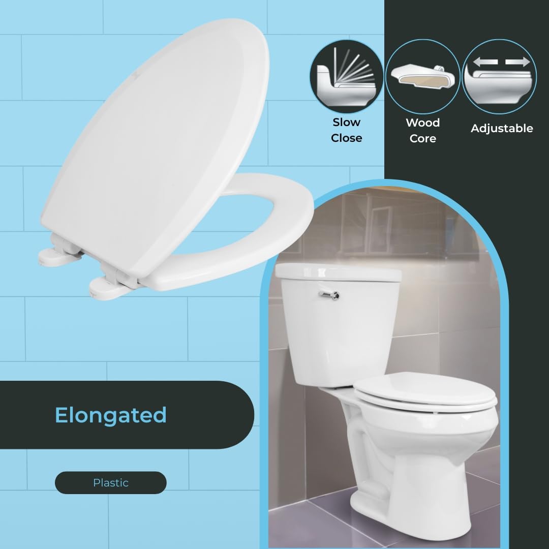 Centoco Elongated Toilet Seat, Slow Close, Wood Core/Plastic Finish, White