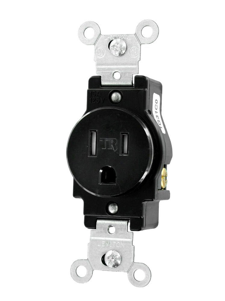 Leviton Commercial Grade, Grounding, 15 Amp, 125 Volt, 2P, 3W, Narrow Body Single Receptacle, Straight Blade, Tamper Resistant, T5015-E, Black
