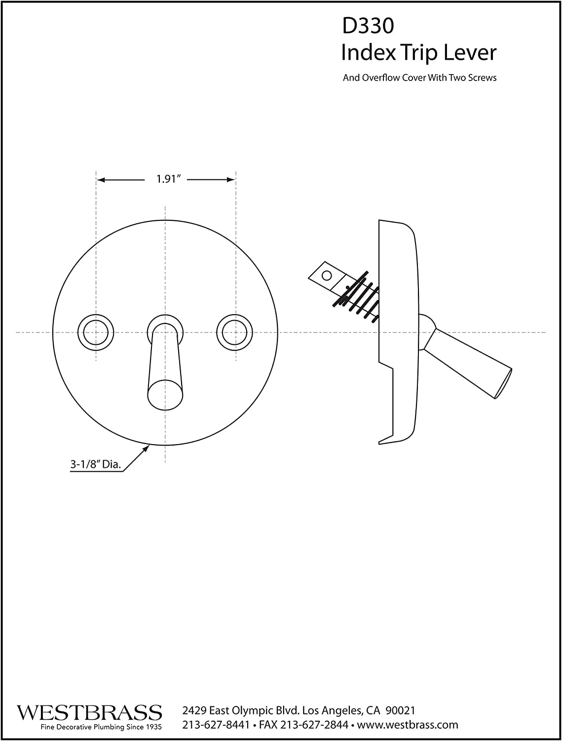 Westbrass R330-05 3-1/8 in. Two-Hole Overflow Faceplate with Trip Lever and Screws, Polished Nickel